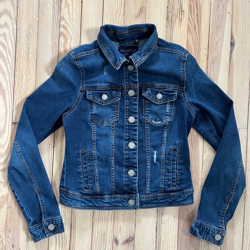 Aeropostale Womens Denim Jacket Dark Wash Distressed Button Front‎ Classic Fit S